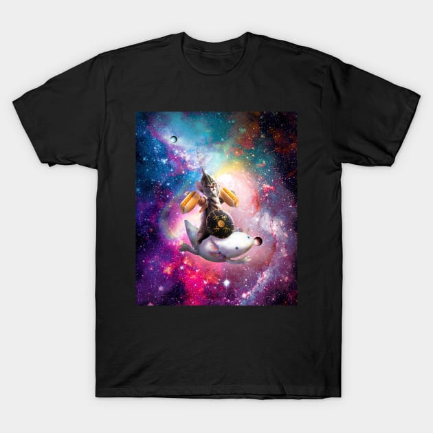 Warrior Space Cat Riding Axolotl - Hotdog T-Shirt by Random Galaxy